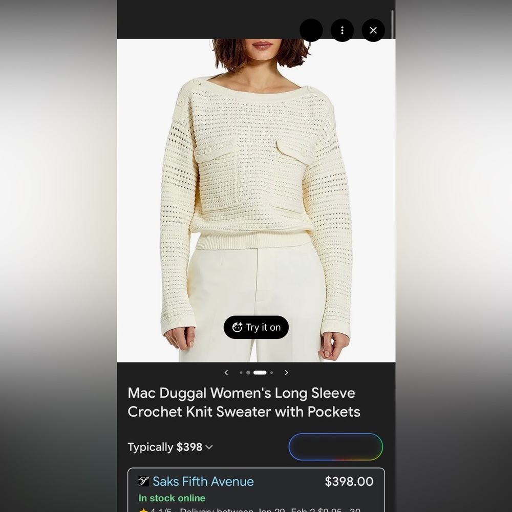 Mac Duggal Women's Cream Sweater New without tags. Price is currently 398.Online